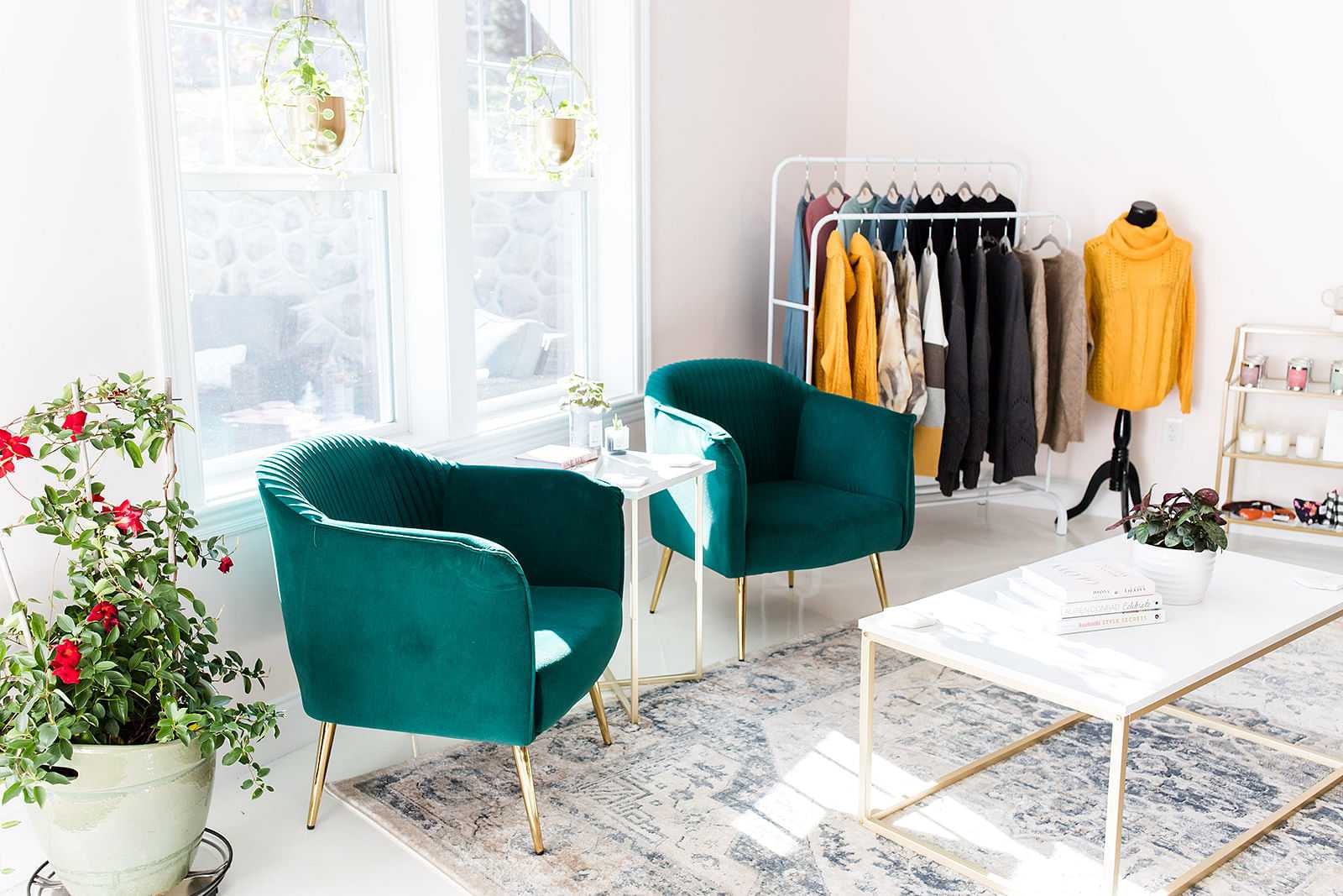 Bright room with green chairs, plants, a clothing rack, and a white coffee table on a patterned rug.